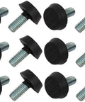 Top Shelf Adjustable Leveling Feet For Furniture Glides Featuring M8 Screw Mount Plastic Base Self Leveling Pads Rock Solid Floor Protector 20 Pack with black plastic caps and M8 threaded bases.