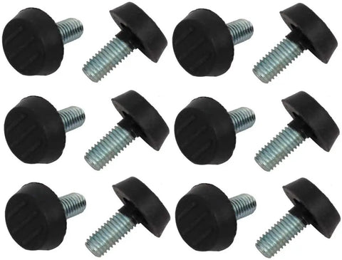 Top Shelf Adjustable Leveling Feet For Furniture Glides Featuring M8 Screw Mount Plastic Base Self Leveling Pads Rock Solid Floor Protector 20 Pack with black plastic caps and M8 threaded bases.