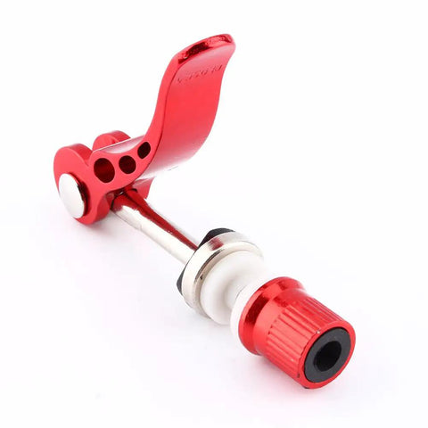 Red aluminum alloy Bike Seatpost Quick Release Clamp and Skewer Fastener Replacement for tool-free height adjustment.