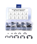 160 Piece E Clip Assortment Kit With External Retaining Rings In Ten Sizes From 2 To 12 MM Black Metal Snap Clips In Case For Handy DIY Repairs Maintenance And Assembly Projects. plastic case with 160 black external retaining rings, 2-12 mm sizes