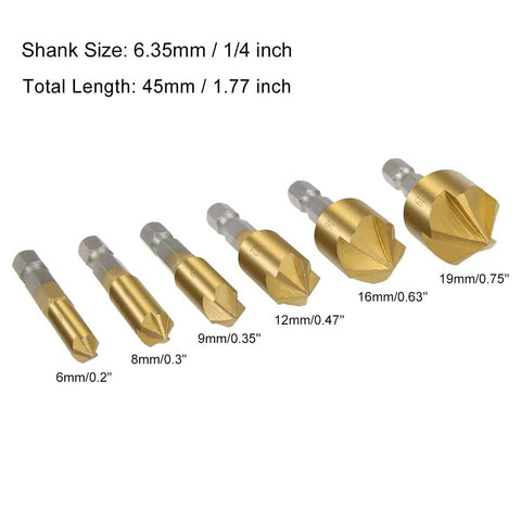 Countersink Drill Bit Set 6mm 8mm 9mm 12mm 16mm 19mm With One Quarter Inch Hex Shank 90 Degree 5 Flute Titanium HSS Chamfer Tool