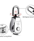 Close-up of a 6 Pack 0.59 Inch Single Pulley Block 304 Stainless Steel M15 Crane Swivel Hook with smooth roller and 360-degree swivel.