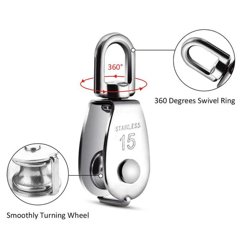 Close-up of a 6 Pack 0.59 Inch Single Pulley Block 304 Stainless Steel M15 Crane Swivel Hook with smooth roller and 360-degree swivel.