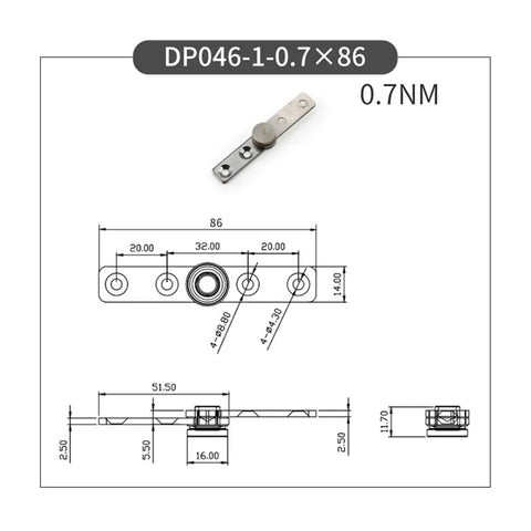 Technical diagram of stainless steel concealed hinge with constant torque damping and 360 degree rotating shaft positioning