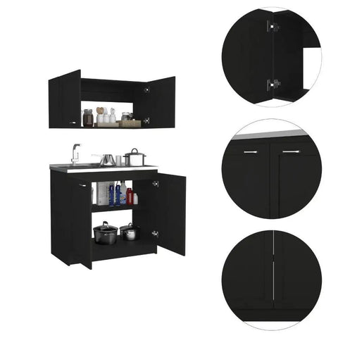 Clean Lines Two Piece Media Console Built From Tough Engineered Wood, Reliable Storage Cabinet For Your Sick Setup And Daily Grind In Sleek Matte Black Finish With Easy Assembly with open cabinets showcasing storage.