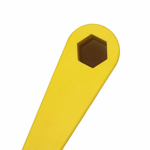 Close-up of Beefy Propeller Wrench One And One Sixteenth Inch Nut Wrench Twenty Seven Millimeter, yellow polymer handle detail.