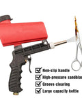 Get The Job Done With This Slick 90 Psi Gravity Feed Sandblaster Gun Kit Featuring Dual Nozzle Tips And Smooth Air Regulator For Zero Hassle Rust And Paint Removal, red air sandblaster gun with non-slip handle.