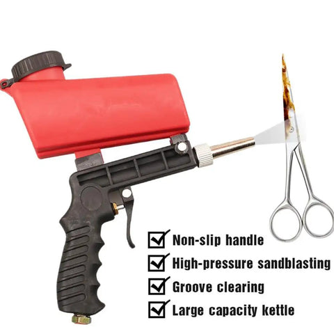 Get The Job Done With This Slick 90 Psi Gravity Feed Sandblaster Gun Kit Featuring Dual Nozzle Tips And Smooth Air Regulator For Zero Hassle Rust And Paint Removal, red air sandblaster gun with non-slip handle.