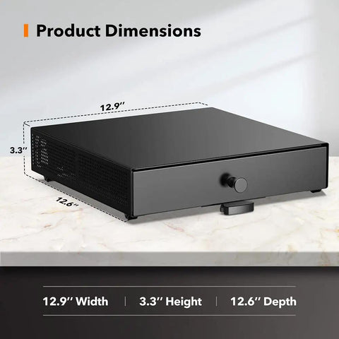 Product dimensions of the black K Cup Sliding Tray Organizer With Pull Out Pod Drawer For Keurig Coffee Maker No Hassle Rolling