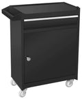 Black rolling tool organizer with a lockable large storage cabinet and detachable four-drawer tool chest in cold-rolled steel.