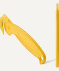 Straight Up Film Safety Cutter With Recessed Stainless Steel Blade And Built In Tape Splitter For Snappy Box Cutting Shrink Wrap And Paper Goods Heavy Duty Compact Pocket Ready Yellow Design, showing ergonomic handle and blade.
