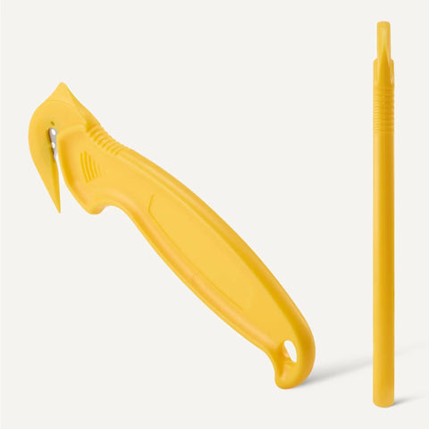 Straight Up Film Safety Cutter With Recessed Stainless Steel Blade And Built In Tape Splitter For Snappy Box Cutting Shrink Wrap And Paper Goods Heavy Duty Compact Pocket Ready Yellow Design, showing ergonomic handle and blade.