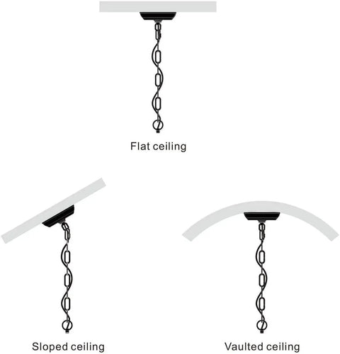 Diagram showing Farmhouse Mason Jar Chandelier Pendant Light for Kitchen Island on flat, sloped, and vaulted ceilings.