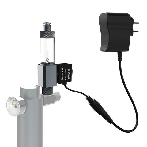 CO2 Solenoid Valve With Adapter For Desktop Aquarium CO2 System Kit Plug And Play Ready, connected to tubing, silver finish, front view