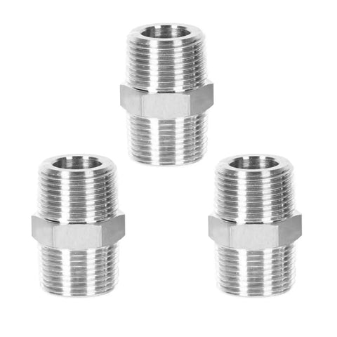 Three Piece Set Of One Quarter Inch NPT Male Stainless Steel Nipple Connectors With Hex Heads 304 Stainless Steel Heavy Duty