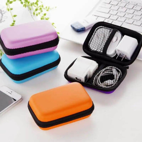 Badass Hard Storage Suitcase for Electronic Accessories, Rad Portable Organizer Bag for Power Cords, Chargers, and Headphones, Sweet Orange Stash Case with assorted colors.