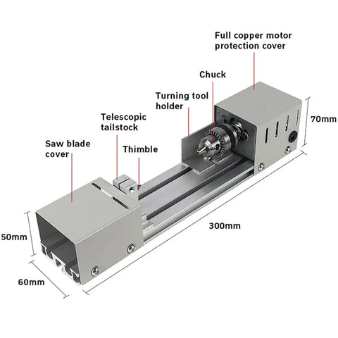 Detailed view of the 6 in 1 Mini Lathe for DIY Wood and Stone Carving with essential components labeled.