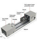 Quantbu Mini Metal Lathe 6-in-1 Wood Carving Machine 24V components, including tailstock, chuck, turning tool holder, and saw blade cover.