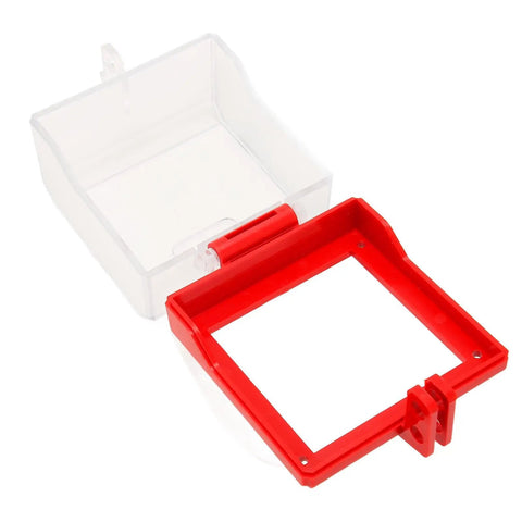 Transparent Push Start Button Lockout Cover open with red frame for industrial switches, heavy-duty resin construction.