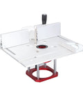 Solid Aluminum Router Table Insert Plate With Smooth Flip Lift Base And Quick Zero To Fifty Four Millimeter Height Tweaks For Weekend Warriors And Legit Shop Upgrades, showing side view with adjustable edge guide.