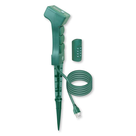Heavy Duty Outdoor Power Stake With Remote Timer And Photocell Sensor Three Grounded Weatherproof Outlets For Christmas Decorations, green stake tool with remote.