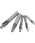 Front view of five-piece Amazon HSS end mill drill bit set, 4-flute straight cutters, M3–M8.