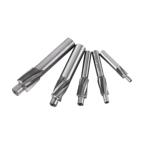 Front view of five-piece Amazon HSS end mill drill bit set, 4-flute straight cutters, M3–M8.