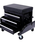 Three Drawer Chest Rolling Mechanic Seat With Tool Trays For Garage And Warehouse Heavy Duty Toolbox Seat Black 350 Pounds Max Weight Capacity With Comfort Vinyl Padding And Ample Storage