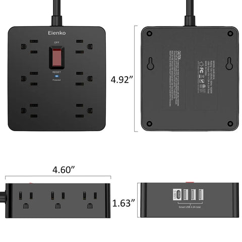 Go-To Universal Travel Power Adapter with 12 wide-spaced outlets on three sides, 2 USB-C, and 2 USB-A ports, dimensions shown.