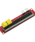 Five Pack 10K Slide Potentiometer Modules For Arduino And Microcontroller Projects With Dual Analog Output 0 To Vcc 3.3V To 5V Operation Compact 90 By 20 Mm, red PCB with yellow slider