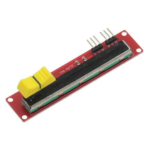 Five Pack 10K Slide Potentiometer Modules For Arduino And Microcontroller Projects With Dual Analog Output 0 To Vcc 3.3V To 5V Operation Compact 90 By 20 Mm, red PCB with yellow slider