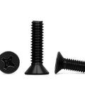 50 Pcs M4 X 10MM Countersunk Flat Head Machine Screws Iron Clad 304 Stainless Steel With Badass Black Finish Phillips Drive Full Thread showing various screw angles.