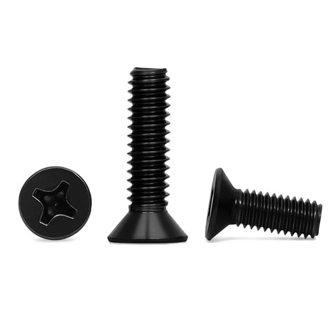 50 Pcs M4 X 10MM Countersunk Flat Head Machine Screws Iron Clad 304 Stainless Steel With Badass Black Finish Phillips Drive Full Thread showing various screw angles.