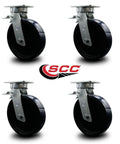 Four 12 Inch Swivel Top Plate Caster Set Heavy Duty With Blue Polyurethane On Cast Iron Wheels, showcasing total lock brakes.