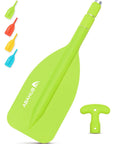 Green emergency telescoping paddle with aluminum shaft, adjustable 21 to 42 inches, for canoes, kayaks, boats, and jet skis.