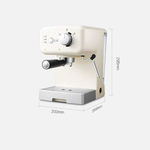 Beige Semi Automatic Espresso Coffee Machine With Built In Milk Frother For Home Use, 1050W, 110 to 240V, side view with dimensions