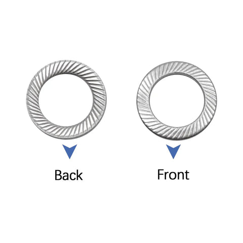 50 Pcs M8 304 Stainless Steel Lock Washers showing back and front view, featuring knurled teeth for secure hold.