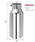 Universal Diesel Truck Exhaust Tip 4 Inch Inlet 6 Inch Outlet, 15 Inch Long Stainless Steel Bolt-On With Rolled Edge And 45 Degree Cut