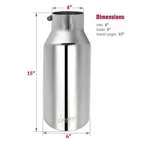Universal Diesel Truck Exhaust Tip 4 Inch Inlet 6 Inch Outlet, 15 Inch Long Stainless Steel Bolt-On With Rolled Edge And 45 Degree Cut