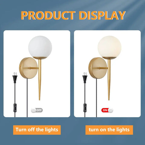 Mid Century Modern Globe Wall Sconce Set Of Two, Brushed Brass Finish With Frosted White Glass Globes, plug in design shown on and off