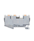 10 Pack Of Durable Gray Push In Din Rail Terminal Blocks Featuring Tool Free Quick Connect Three Wire Contacts For Zero Hassle Cable Splicing And Top Shelf Panel Upgrade Swaps, side view.