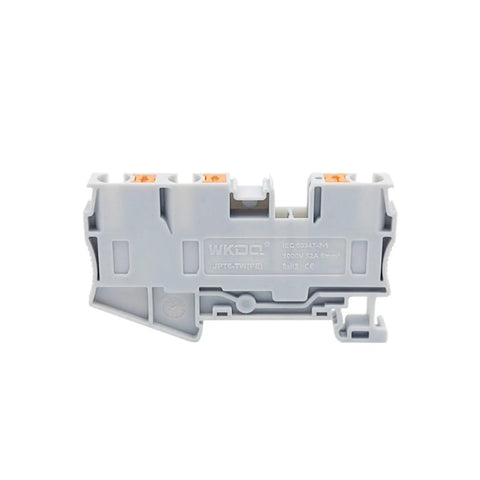10 Pack Of Durable Gray Push In Din Rail Terminal Blocks Featuring Tool Free Quick Connect Three Wire Contacts For Zero Hassle Cable Splicing And Top Shelf Panel Upgrade Swaps, side view.