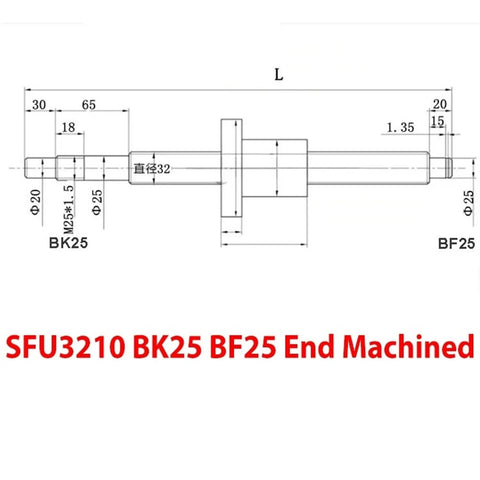 SFU3210 ball screw diagram with BK25 BF25 end machined, 32mm diameter, 10mm pitch, RM3210 single nut.