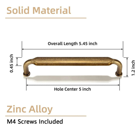 5 Inch Hole Center Antique Brass Cabinet Pulls Zinc Alloy Kitchen Drawer Pulls with M4 Screws, dimensions shown