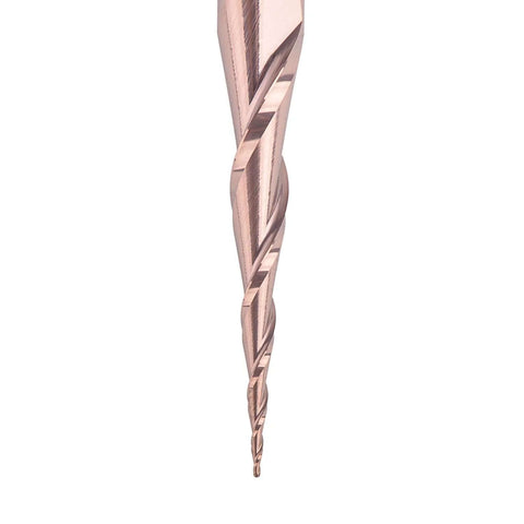 Close-up of rose-gold tapered ball-nose end mill bit; CNC router tool with long flutes.