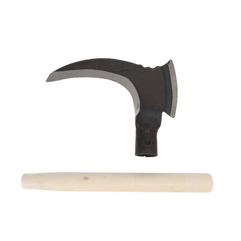Handheld Sickle With High Manganese Steel Blade next to a wooden handle, durable double cutter for garden tasks and brush clearing.