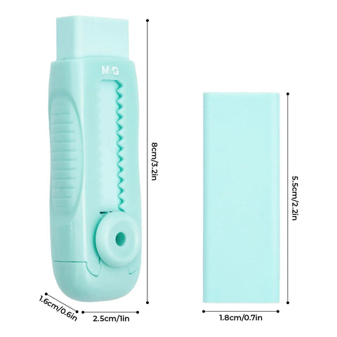 4 Pack Cute Retractable Eraser Set For Kids With Push Pull Design, sliding pencil eraser in blue with dimensions shown