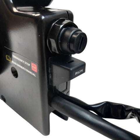 Close-up of Outboard Throttle Remote Control Right Side Mount With 10 Pin Connector showing emergency stop and run switch.