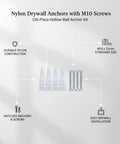 100-Pack M10 Nylon Drywall Anchors With Screws Kit For Hollow Walls - Heavy-Duty Picture Frames and Shelves Hanging