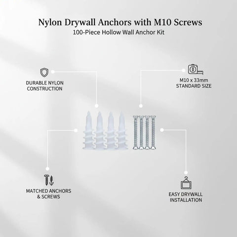 100-Pack M10 Nylon Drywall Anchors With Screws Kit For Hollow Walls - Heavy-Duty Picture Frames and Shelves Hanging